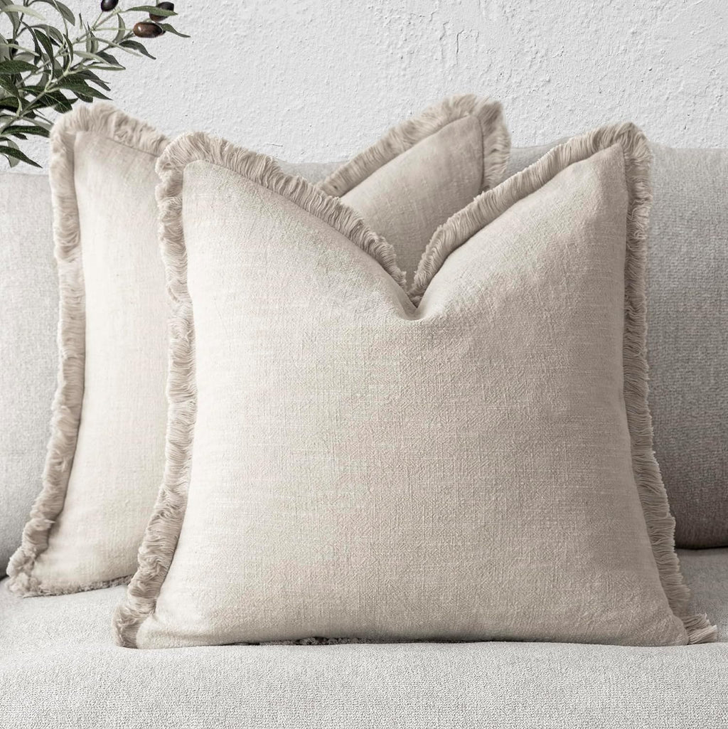 Foindtower Decorative Linen Fringe Throw Pillow Covers 24×24 Olive Green
