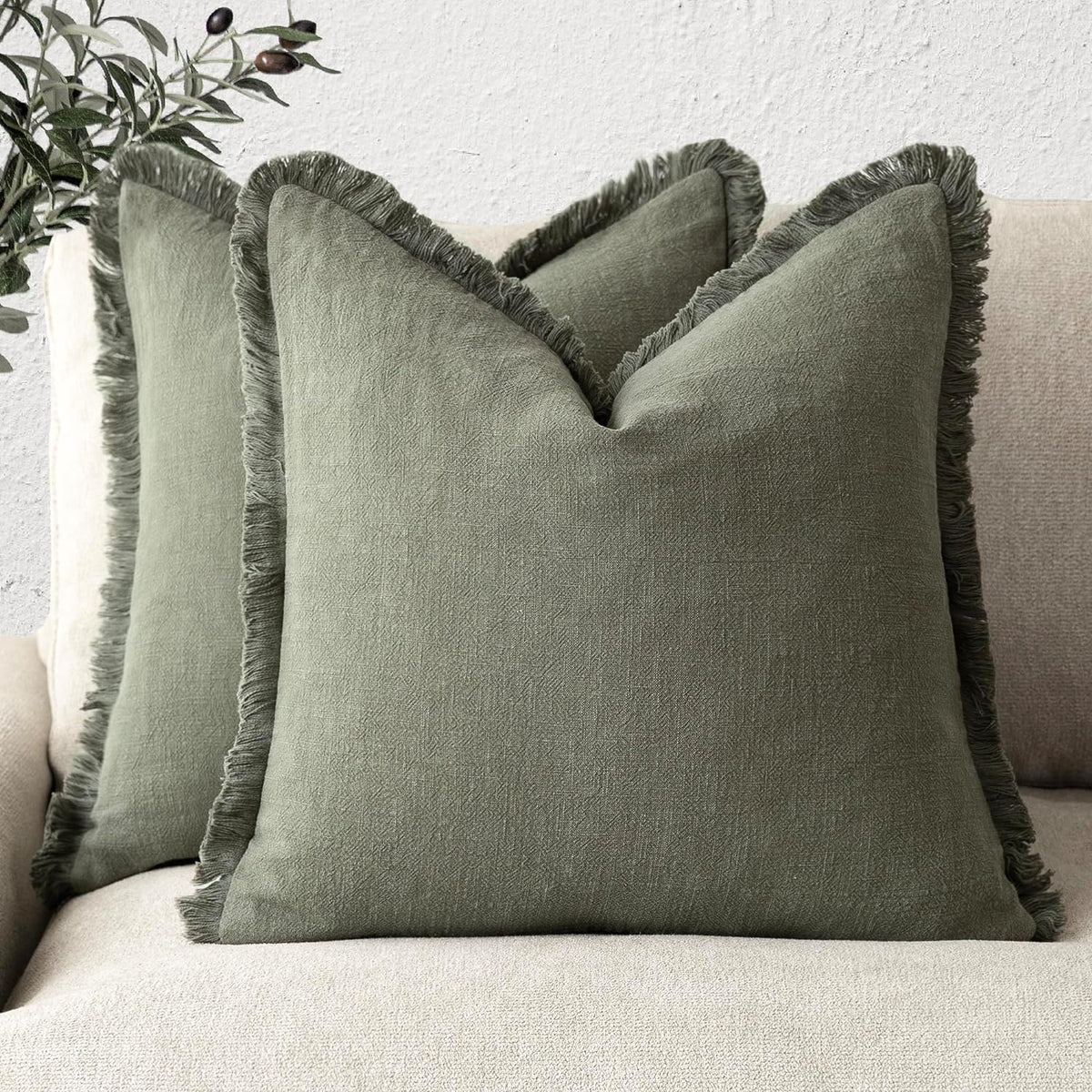Foindtower Decorative Linen Fringe Throw Pillow Covers 24×24 Olive Green