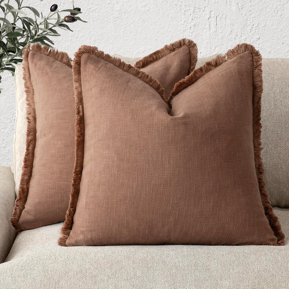 Foindtower Decorative Linen Fringe Throw Pillow Covers 24×24 Olive Green