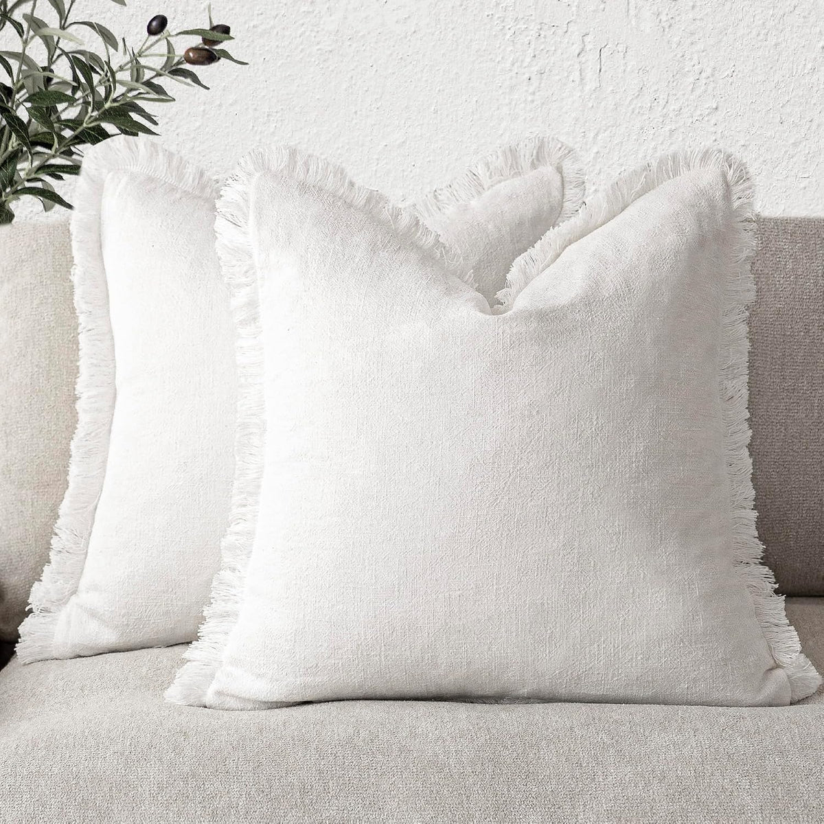 Foindtower Decorative Linen Fringe Throw Pillow Covers 24×24 Olive Green