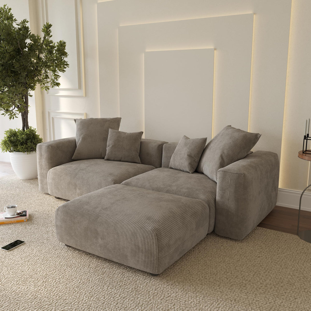 WJShome Cloud Couch Modular Sectional Sofa,141.73inch L Shaped Couch,Oversized Corduroy Couches with Ottoman and Pillows, Beige 4 Seaters Cushion Covers Removable& Washable