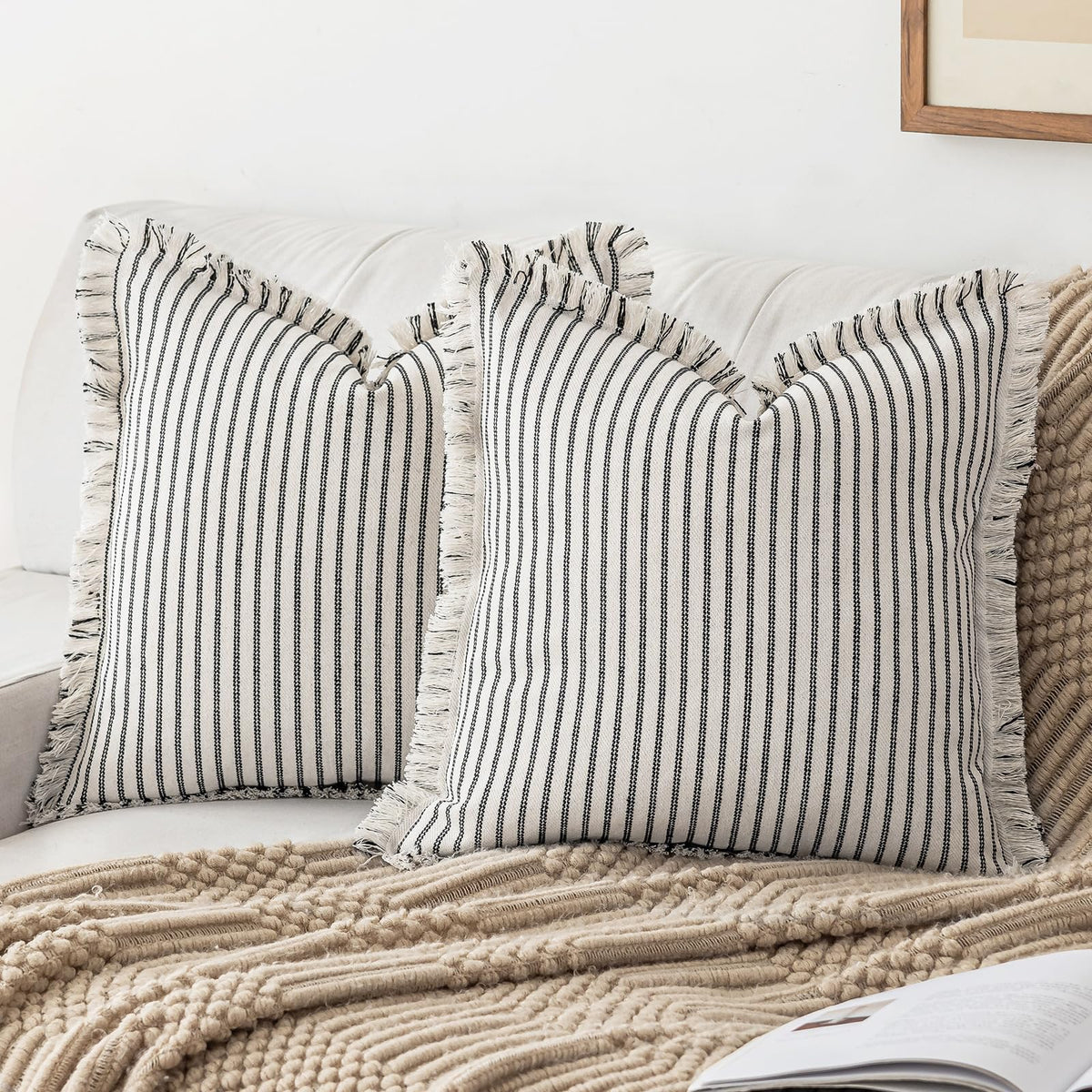 YEENAASY Throw Pillow Covers 18x18 Boho Striped Pillow Cases with Tassel