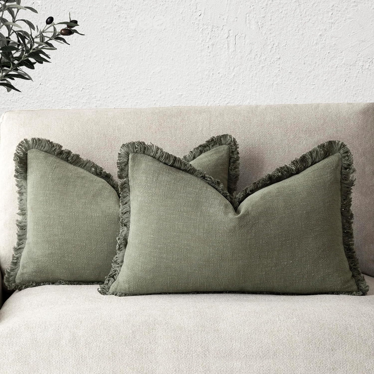 Foindtower Decorative Linen Fringe Throw Pillow Covers 24×24 Olive Green